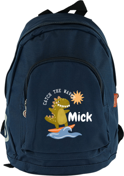 Junior rugzak met een dinosaurus op een surfplank