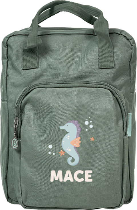 Rugtas Classic met naam en vrolijk zeepaardje