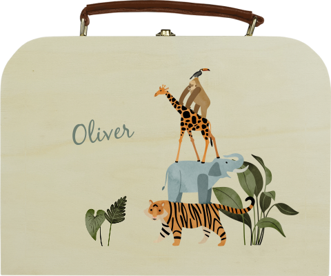 Houten koffertje met jungledieren en naam