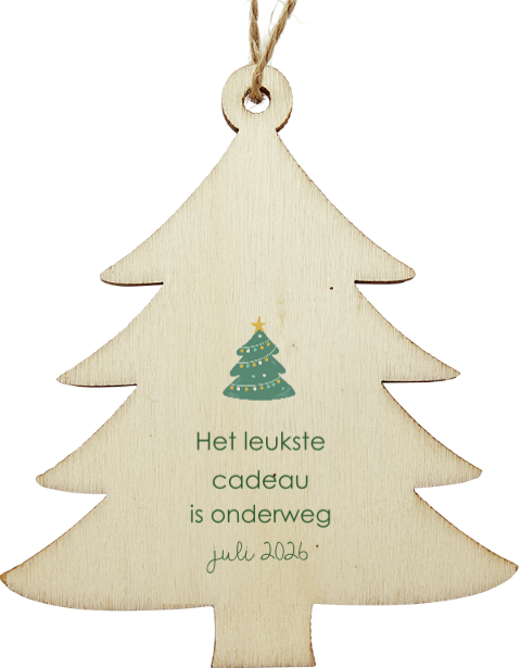 Zwangerschapsaankondiging houten kersthanger kerstboom met tekst