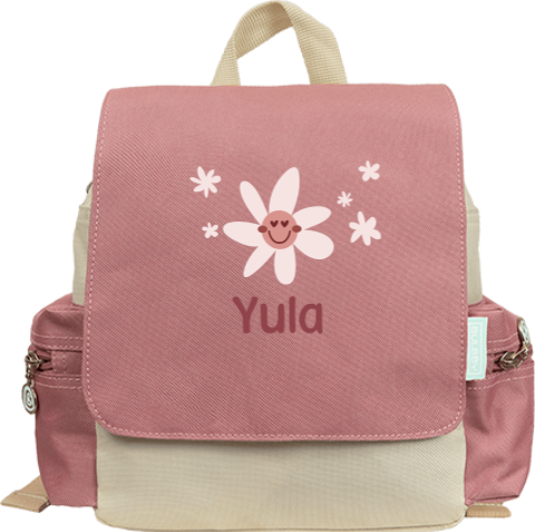 Rugtas Adventure met naam en bloemen met gezichtje