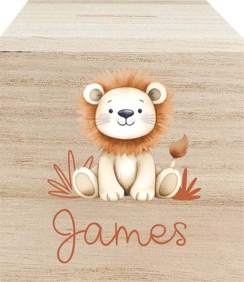 Houten spaarpot met schattig leeuwtje en naam