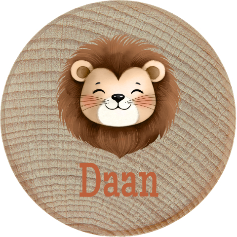 Houten tandendoosje met leeuwenhoofd en naam