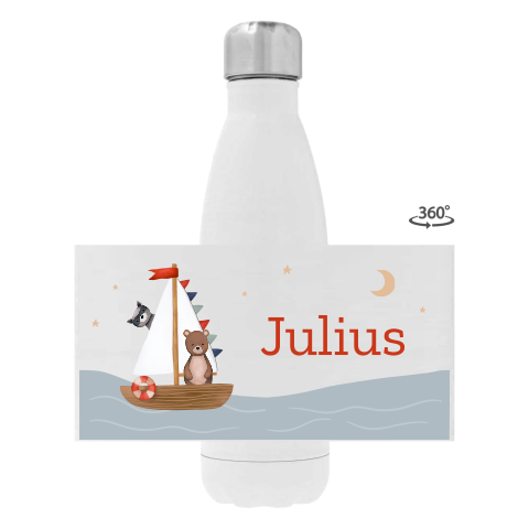 Drinkfles RVS met naam en dieren in zeilboot