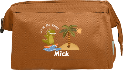 Avontuurlijke toilettas met naam en dino op surfplank