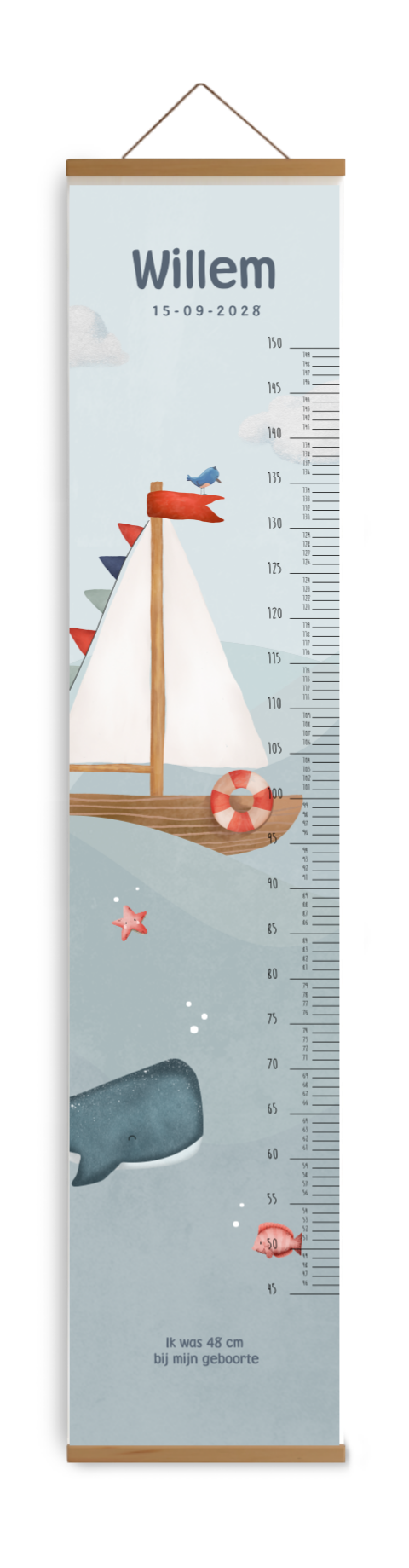 Avontuurlijke groeimeter met zeilboot en walvis
