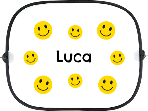 Vrolijk auto zonnescherm met naam en gele smileys