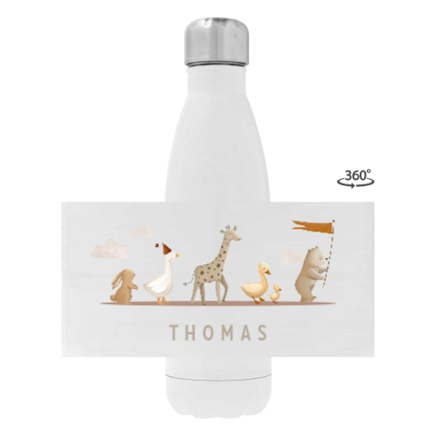 Drinkfles RVS met schattige dierenparade en naam