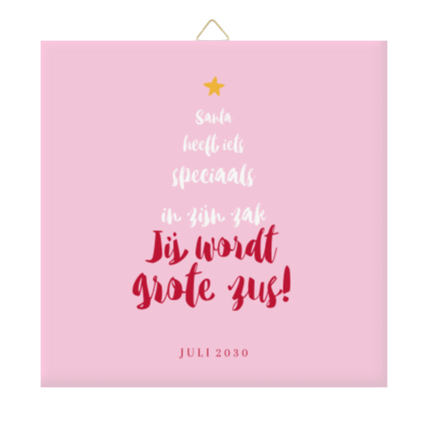 Tegeltje zwangerschapsaankondiging met tekst in vorm van een kerstboom