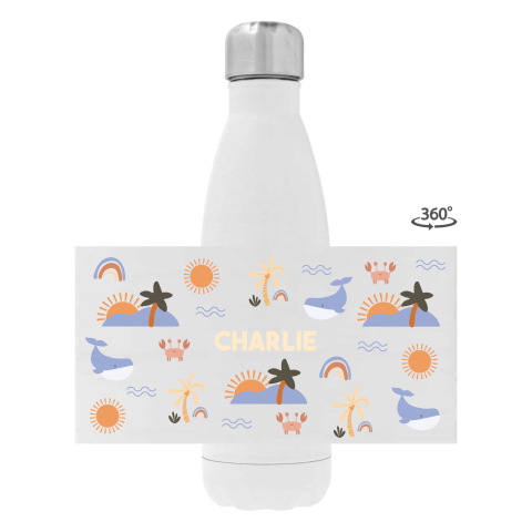Drinkfles RVS met naam, walvis en strand