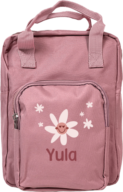 Rugtas Classic met naam en bloemen met gezichtje