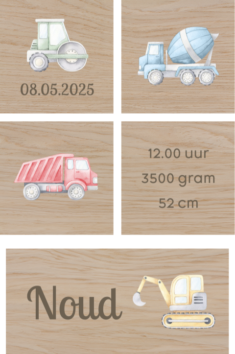 Houten blokken met wagens en geboortegegevens
