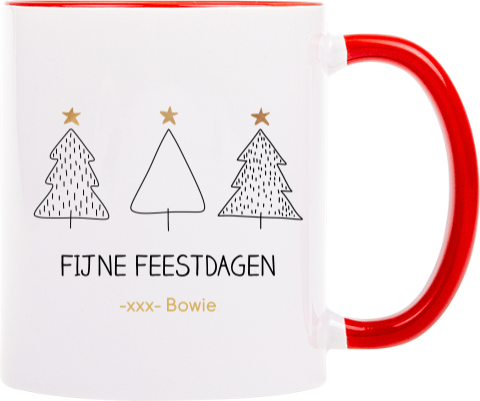 Feestelijke kerstmok met kerstboompjes en naam