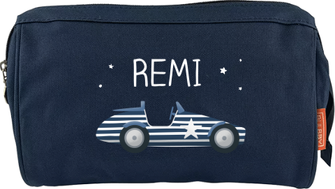 Toilettas met naam en gestreepte auto