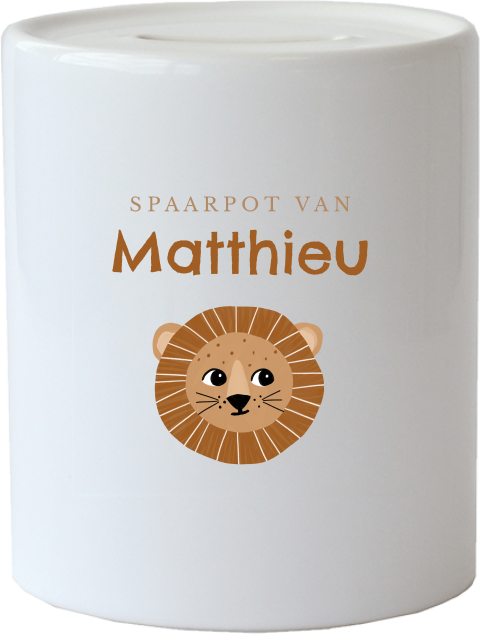 Spaarpot van keramiek met illustratie leeuwtje en naam