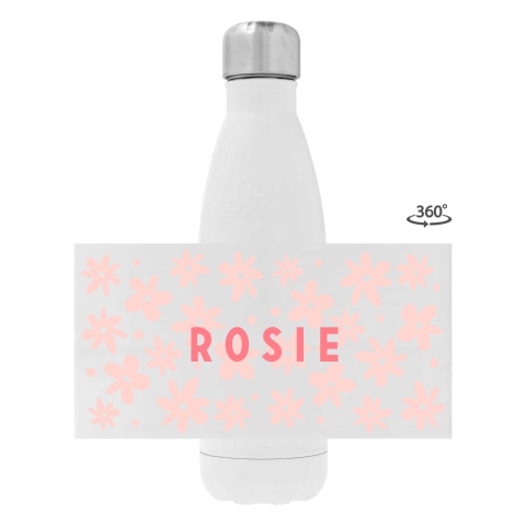 Drinkfles RVS met naam en bloemetjes patroon