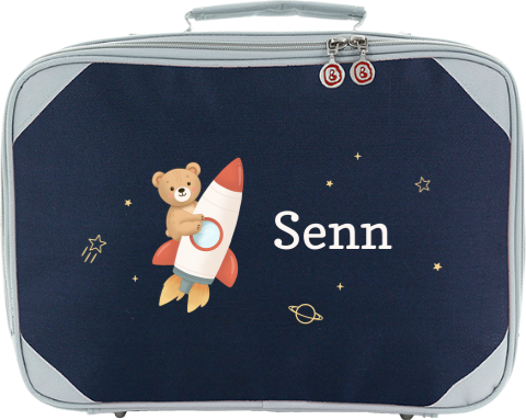 Koffertje met beertje op raket met naam