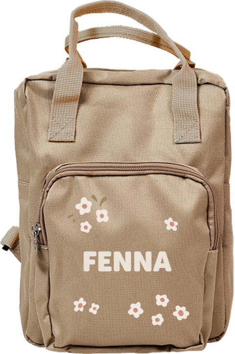 Rugtas Classic met naam en witte bloemetjes