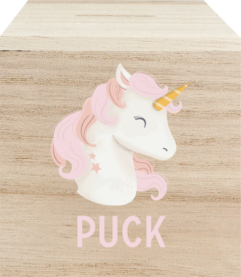 Prachtige houten spaarpot met unicorn en naam