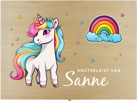 Knutseldoos met eenhoorn, regenboog en naam