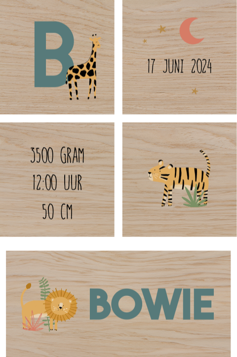Houten blokken met jungle thema en geboortegegevens