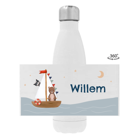 Drinkfles RVS met naam en dieren in zeilboot