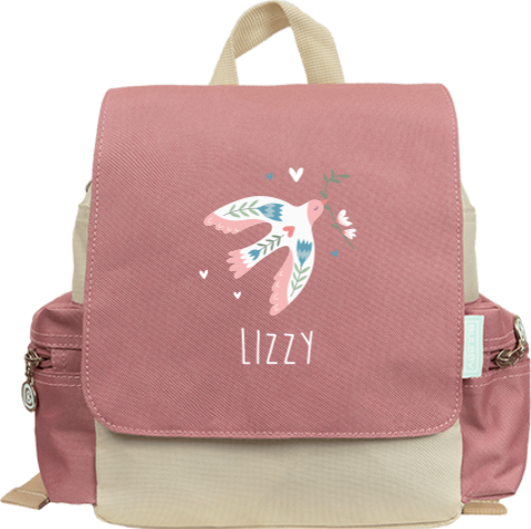 Vrolijke rugzak adventure met vogel en naam