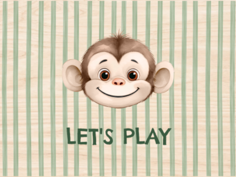 Houten memorybox met groene strepen, aap en tekst