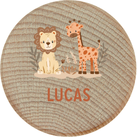 Houten tandendoosje met leeuw, giraffe en naam