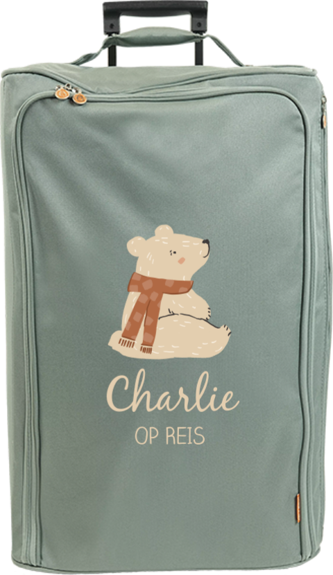 Reistrolley XL met beer en naam op reis