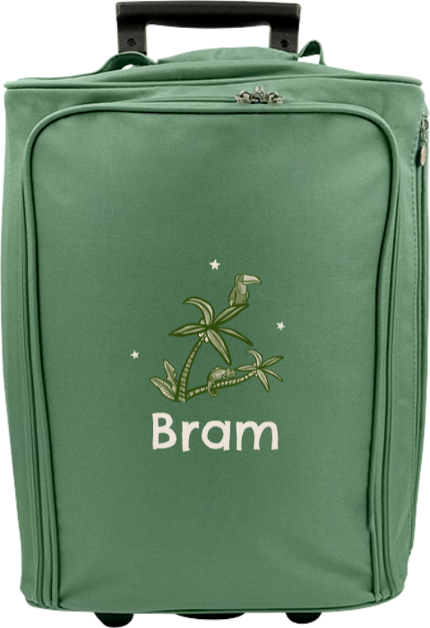 Reistrolley met naam en toekan op palmboom