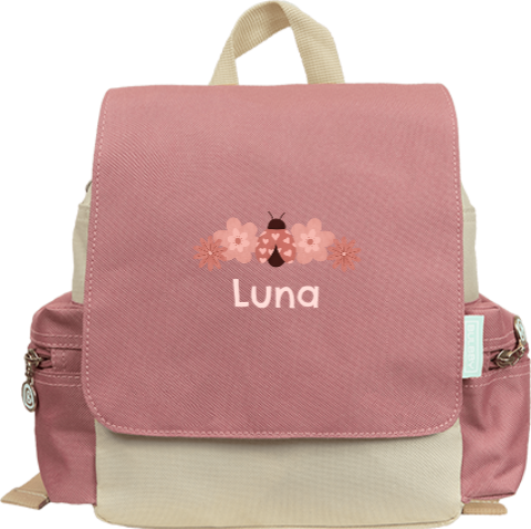 Rugzak Adventure met naam, lieveheersbeestje en bloemen