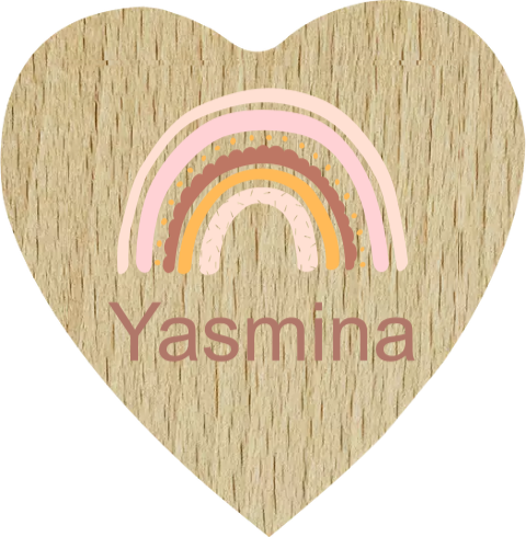 Houten tandendoosje hartvormig met regenboog en naam