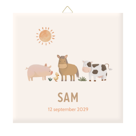 Geboortetegel met boerderijdieren, naam en geboortedatum