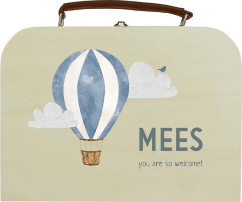 Houten koffertje met luchtballon en naam