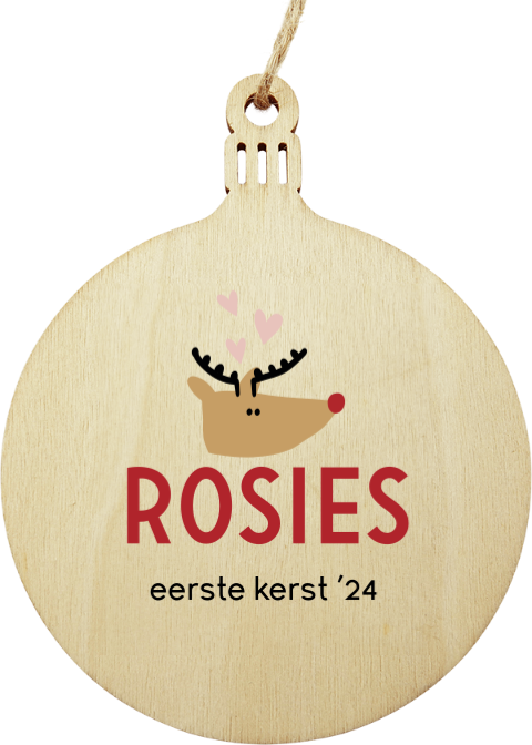 Houten kerstbal hanger met rendier en naam