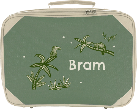 Koffertje met naam en toekan op palmboom