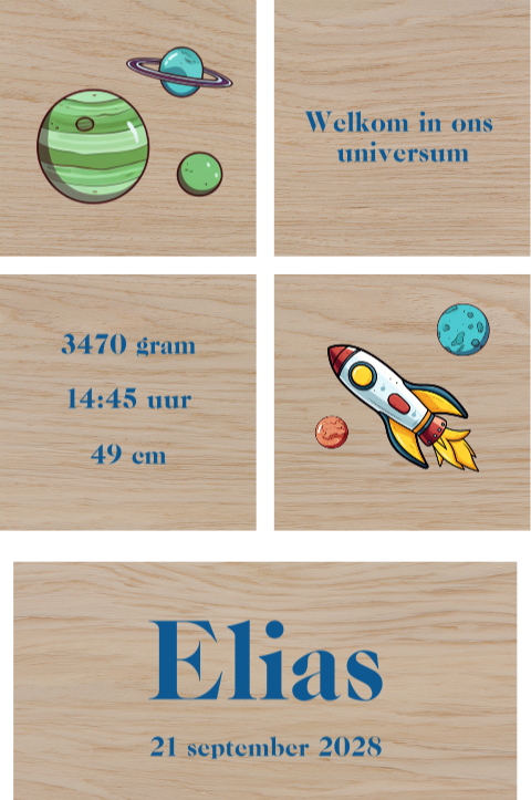Houten blokken met planeten en geboortegegevens