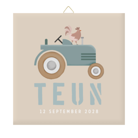 Vrolijk geboortetegeltje beige met tractor