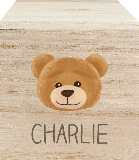 Houten spaarpot met schattig berenhoofd en naam
