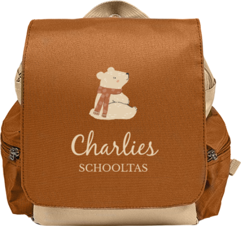 Stoere rugzak Adventure met zittende beer en naam