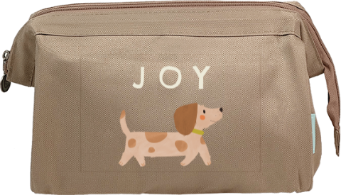 Vrolijke toilettas met naam en teckel