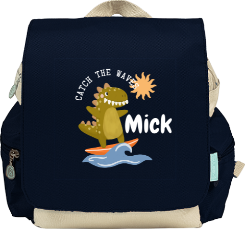 Rugtas Adventure met naam en dino op surfplank