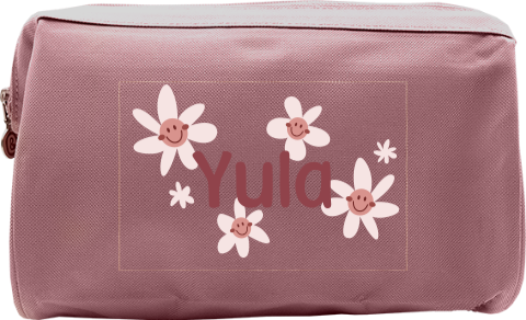 Toilettas met naam en bloemengezichtjes