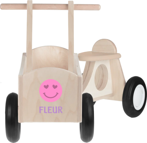 Houten bakfiets met vrolijke smiley en naam