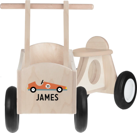 Houten bakfiets met raceauto en naam