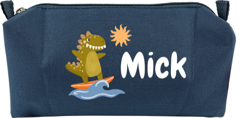 Etui met een dinosaurus op een surfplank