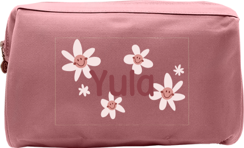 Toilettas met naam en bloemengezichtjes