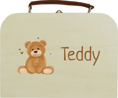 Houten koffertje met teddybeer en naam