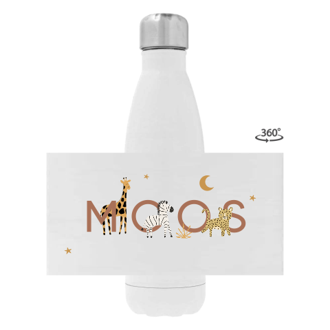 Drinkfles RVS met jungledieren, naam en sterretjes